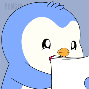 a penguin with a pencil in its beak is reading a book
