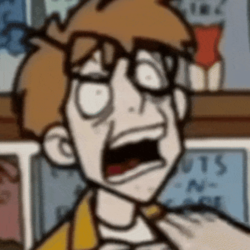 a cartoon of a man with glasses making a funny face .