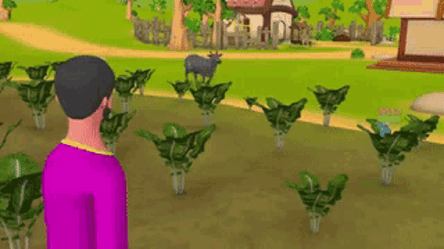 a man in a purple shirt is standing in a field of plants with a deer in the background