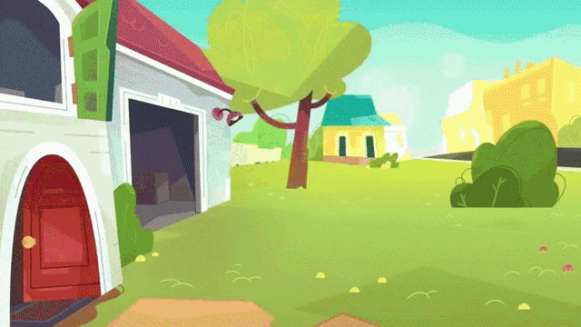 a cartoon drawing of a house with a red door and a garage