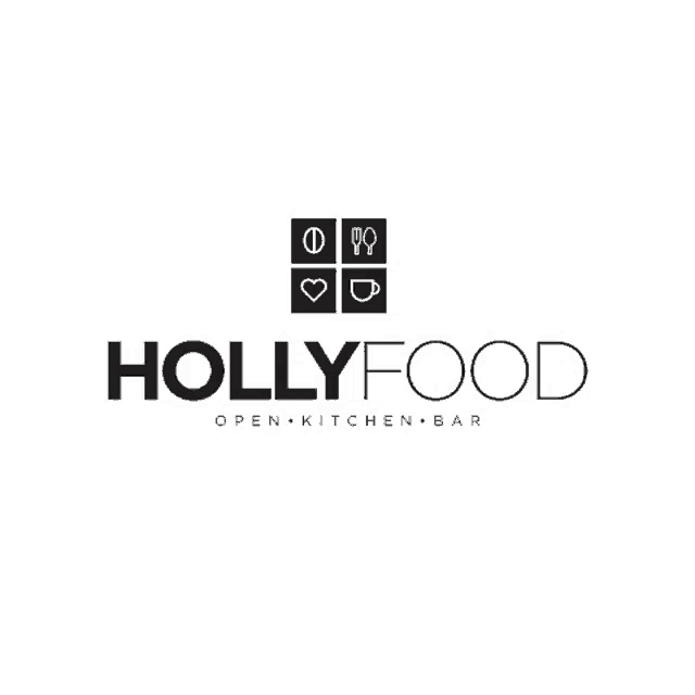 a logo for hollyfood open kitchen bar with a white background