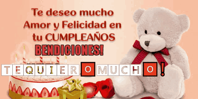 a teddy bear sits in front of a birthday cake with candles on it