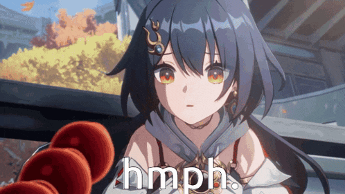 a picture of a girl with the words hmph written on it