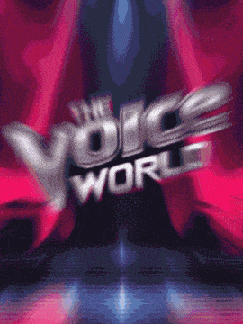 a poster for the voice world with a pink background