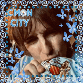 a man in a blue shirt is surrounded by blue butterflies and the words cmon city