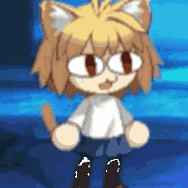 a cartoon character with glasses and cat ears is standing on a blue background