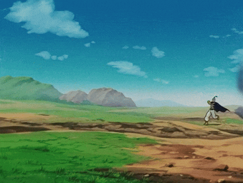 a cartoon character is running in a field with a blue cape