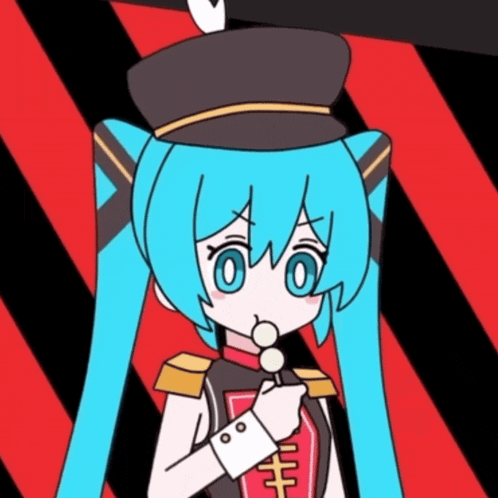 a cartoon of a girl with blue hair and a hat holding a lollipop
