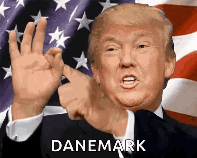 a picture of donald trump with the word danemark on the bottom right