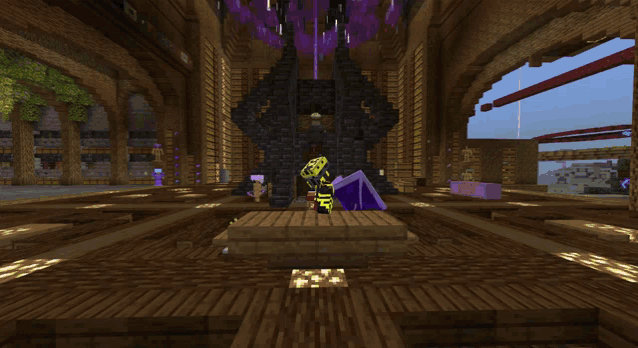 a person in a yellow and black minecraft outfit stands in front of a statue of a dragon