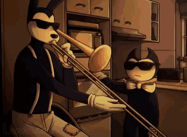 two cartoon characters wearing sunglasses and bow ties are playing a trombone in a kitchen .