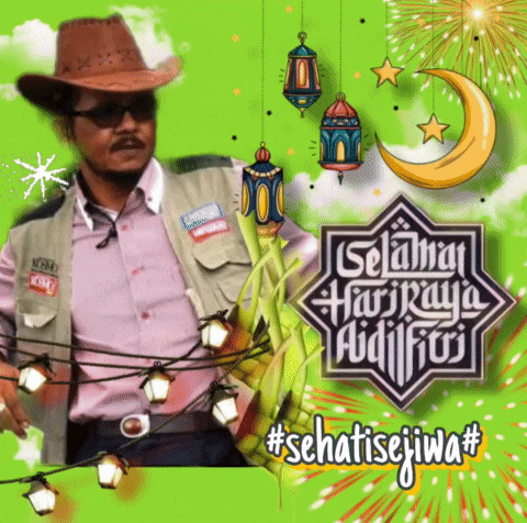 a man wearing a cowboy hat stands in front of a greeting card that says selamat hari raya