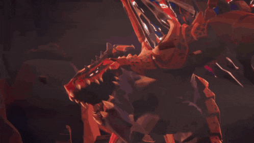 a red and black dragon with glowing red eyes and sharp teeth