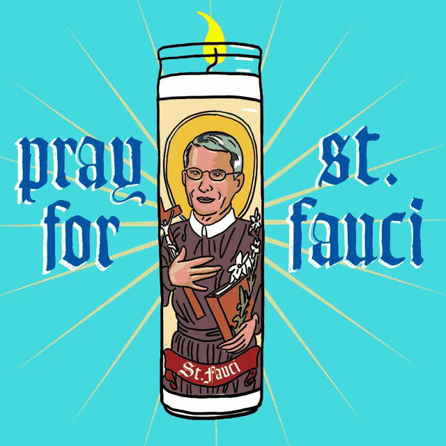 a candle with a picture of st. fauci in it