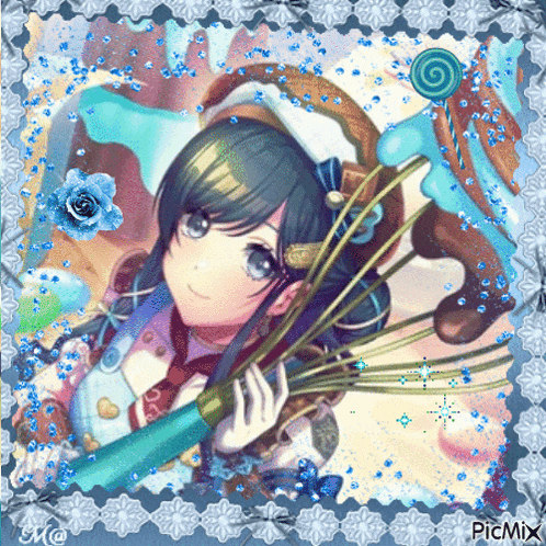 a girl with blue hair is holding a lollipop and flowers in her hand