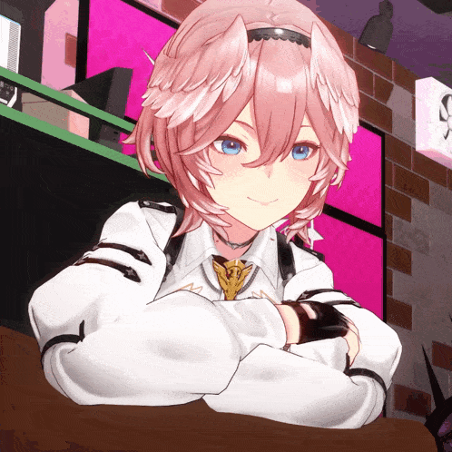 a girl with pink hair and blue eyes sits at a table