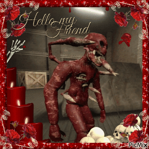 a picture of a monster with the words " hello my friend " on it