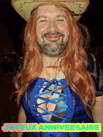 a man with long red hair and a beard is wearing a cowboy hat and a blue dress