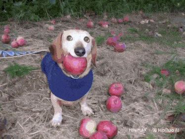 a dog in a blue shirt is holding an apple in his mouth