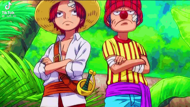 a couple of anime characters standing next to each other in a jungle .