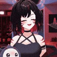 a girl with black hair and red highlights is holding a stuffed animal