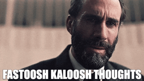 a man with a beard is crying with the words fastoosh kaloosh thoughts above him .