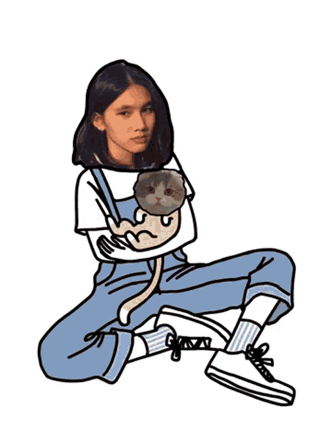 a drawing of a girl holding a cat with a picture of her face on it