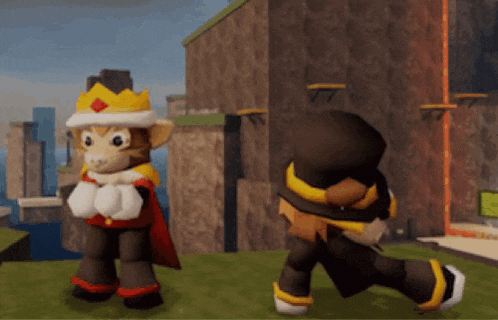 a monkey wearing a crown and cape is standing next to a man in a top hat .