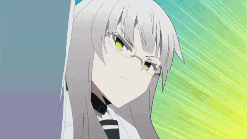 a girl with long white hair and glasses is wearing a white jacket with buttons on the sleeves