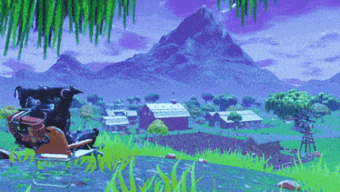 a person laying in a chair in front of a mountain in a video game
