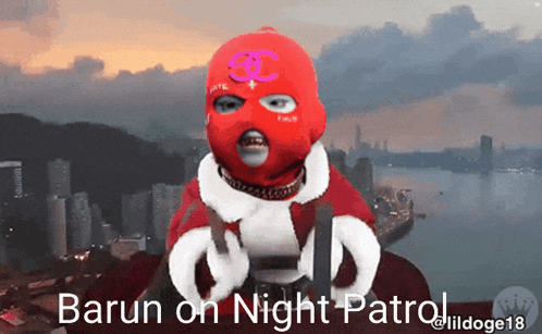 a picture of a person wearing a red ski mask with the words barun on night patrol