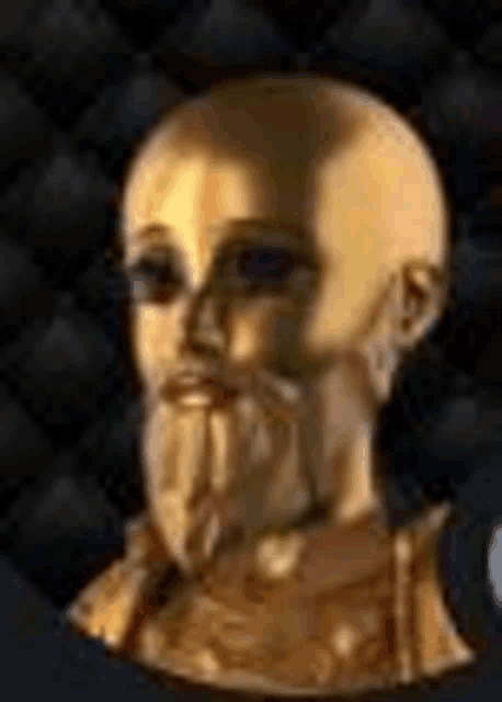 a statue of a bald man with a beard is against a black background .