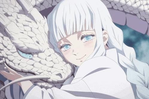 a girl with white hair and blue eyes holds a white dragon