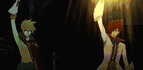two anime characters are holding up their hands in the air