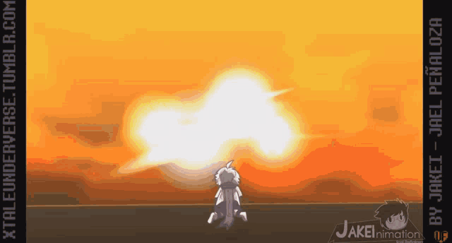 a cartoon of a person standing in front of a sunset with the website jakeianimation.com in the corner