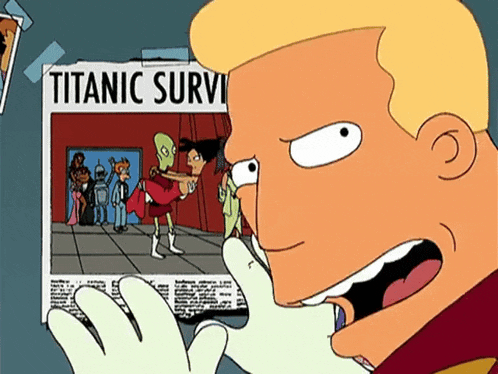 a cartoon character is looking at a newspaper that says titanic survivor