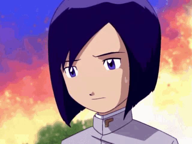 a cartoon character with purple hair and blue eyes has the letter f on his jacket