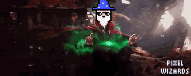 pixel art of a wizard giving the middle finger with the words pixel wizards below him