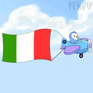 a cartoon of a penguin flying a small plane with an italian flag attached to it