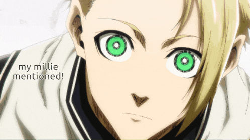 a close up of a person 's face with green eyes and the words my millie mentioned