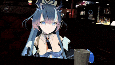 a girl with blue hair is drinking from a mug in front of a sign that says bar