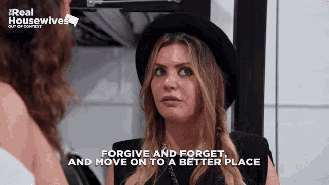 a woman talking to another woman with the words forgive and forget and move on to a better place below her