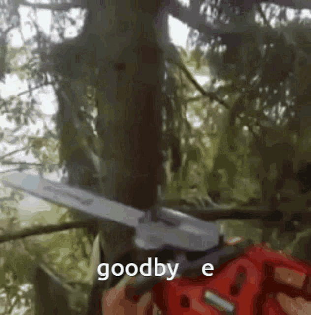 a person is cutting a tree with a chainsaw and the words goodbye are visible in the background .