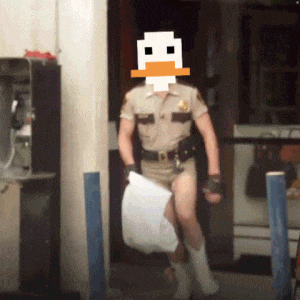a man in a sheriff 's uniform with a duck face on his face