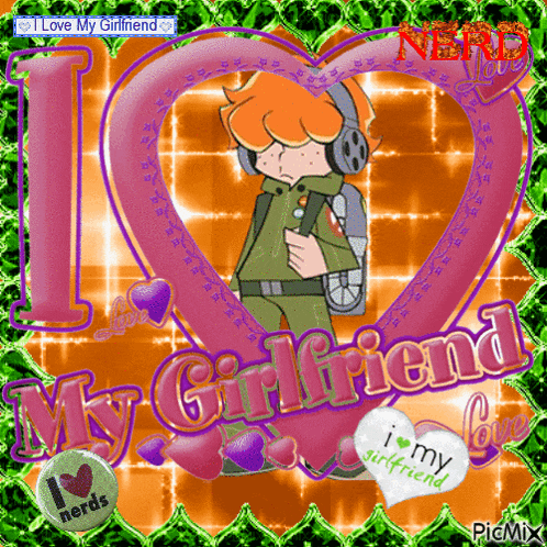 a cartoon character with headphones and the words i love my girlfriend on the bottom