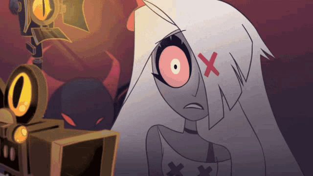 a cartoon character with a red x on her forehead