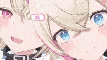 a close up of two anime girls ' faces with blue eyes .