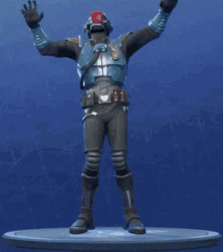 a video game character is standing on a pedestal with a blue background .