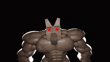 a robot with red eyes and a letter m on his head