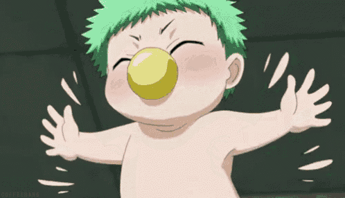 a baby with green hair is blowing a bubble with a yellow bubble in his mouth .